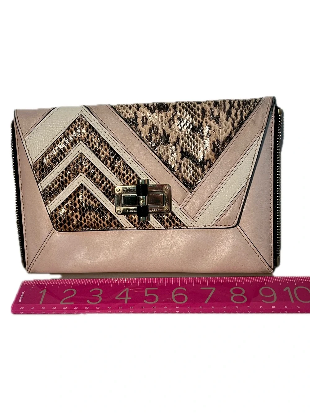 Diane Von Furstenberg Evening Clutch Beige off pink Snake-Texture Leather Clutch